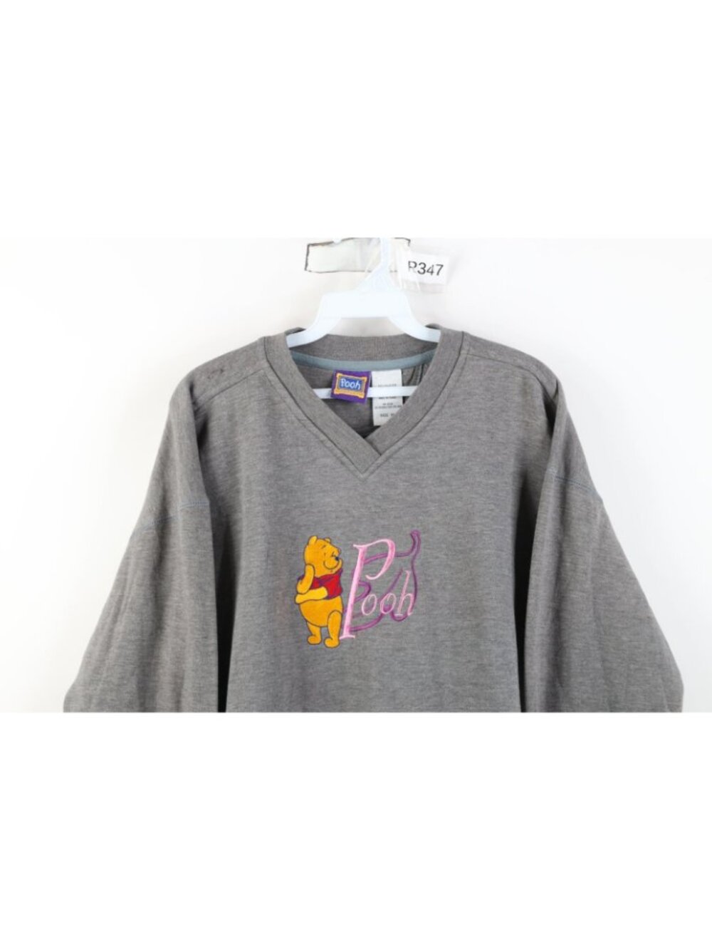 Vintage 90s Disney Womens XL Distressed Winnie the Pooh V-Neck Sweatshirt Gray - Picture 2 of 14